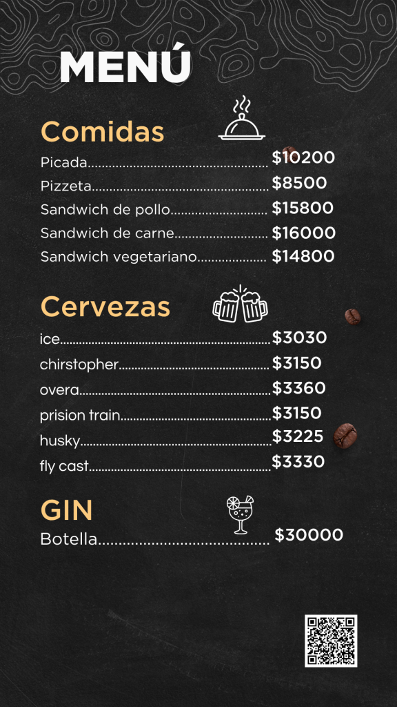 Menu cafeteria Titan, cervezas Gin y comidas